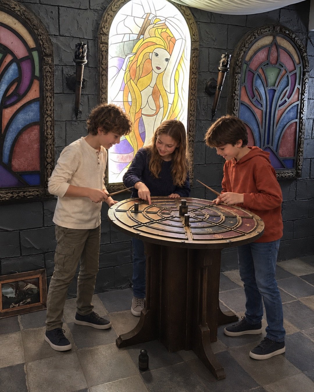 Trois enfants résolvent une énigme autour d'une table devant les vitraux de l'escape game