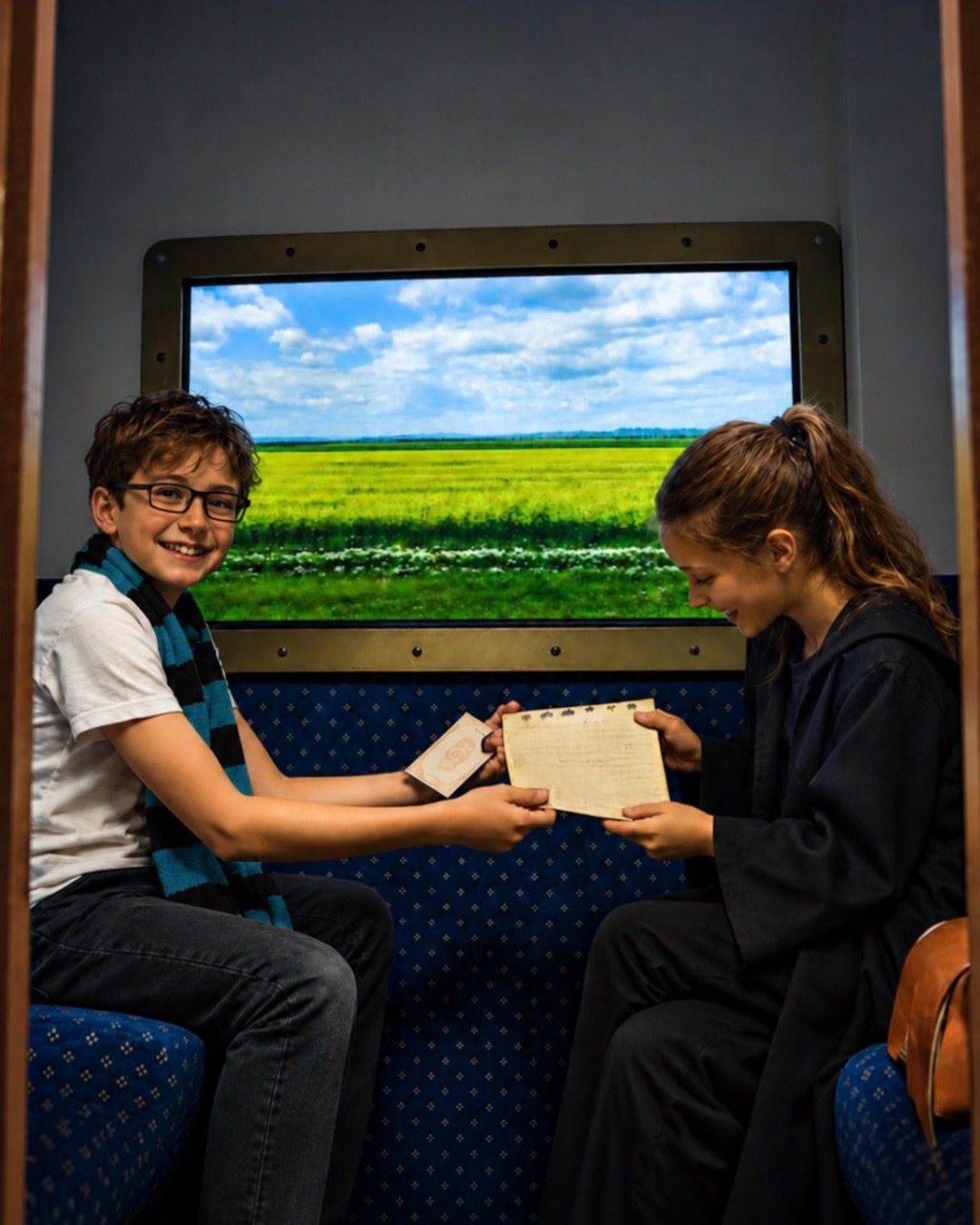 Deux enfants déchiffrent un message mystérieux dans le compartiment du train